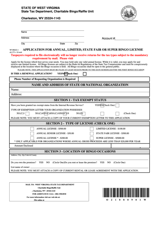 Form Wv/bgo-1 - Application For Annual, Limited, State Fair Or Super Bingo License Printable pdf
