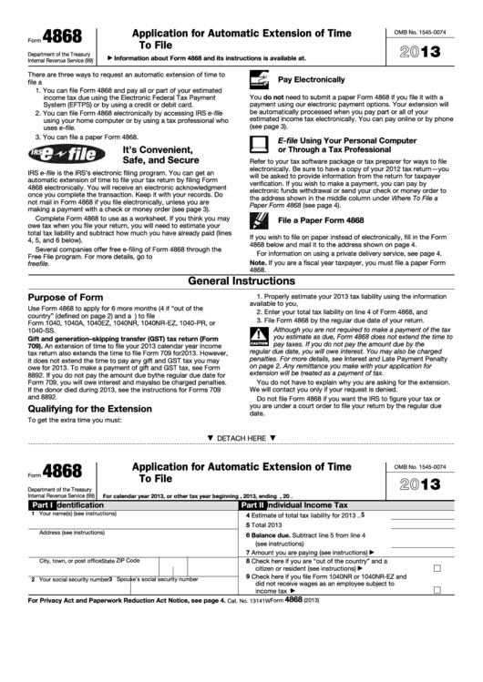 Fillable Form 4868 - Application For Automatic Extension Of Time To File U.s. Individual Income Tax Return - 2013 Printable pdf