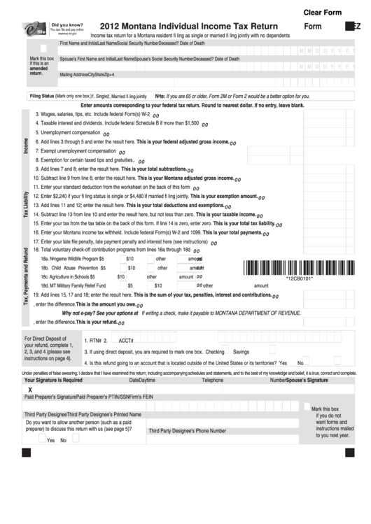 Fillable Form 2ez - Montana Individual Income Tax Return - 2012 Printable pdf