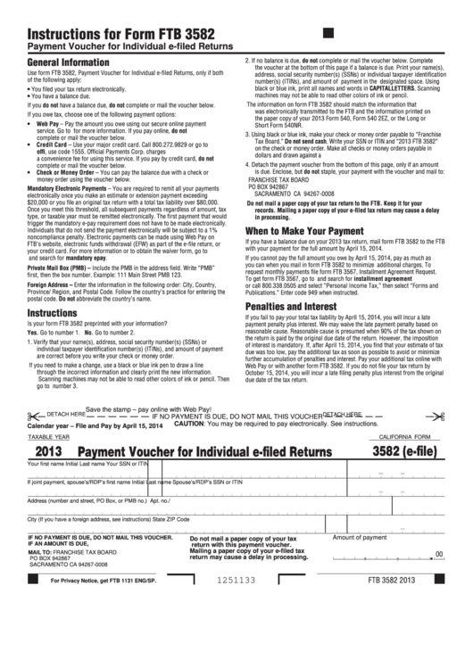 California Form 3582 (E-File) - Payment Voucher For Individual E-Filed Returns - 2013 Printable pdf