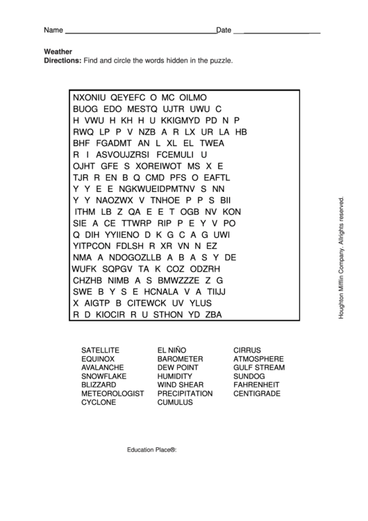 Weather Word Search Puzzle Template Printable pdf