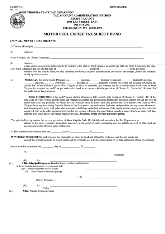 Form Wv/mft-510 - Motor Fuel Excise Tax Surety Bond Printable pdf