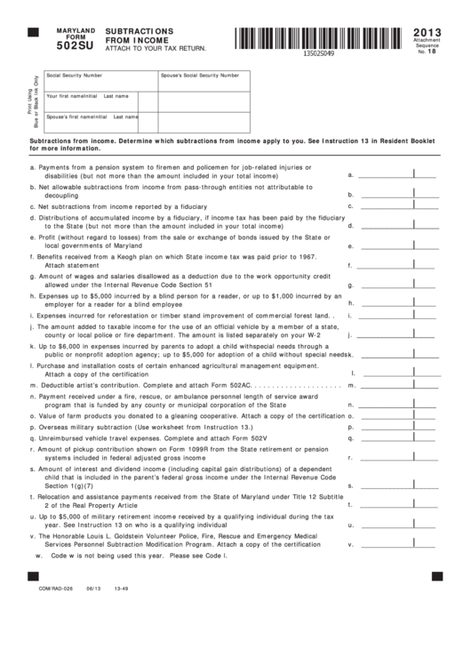 Fillable Maryland Form 502su - Subtractions Form Income - 2013 Printable pdf