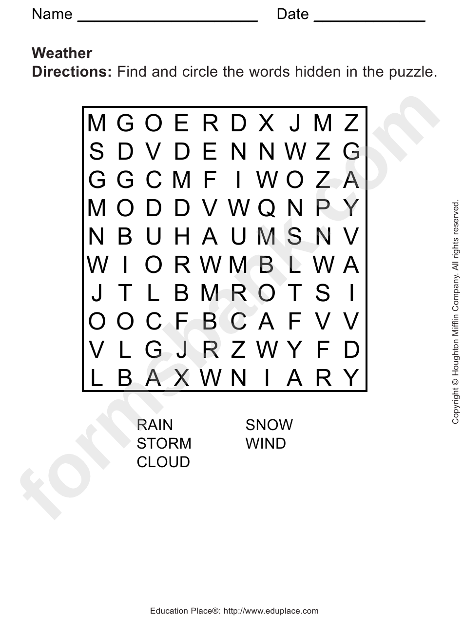 Weather Word Search Puzzle Template