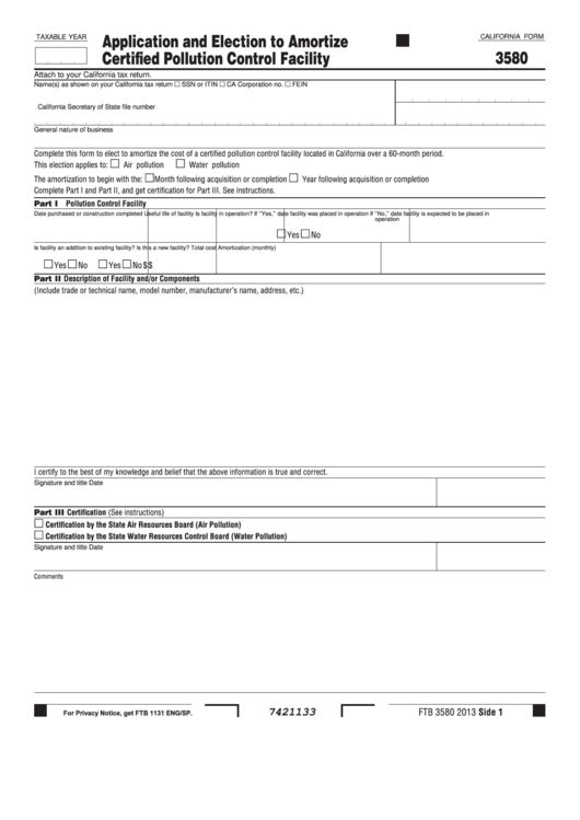 California Form 3580 - Application And Election To Amortize Certified Pollution Control Facility Printable pdf