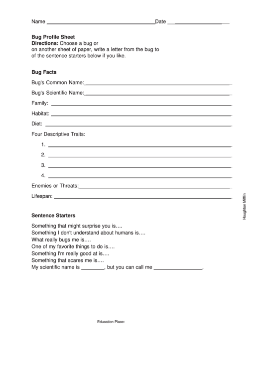 Bug Profile Sheet Printable pdf