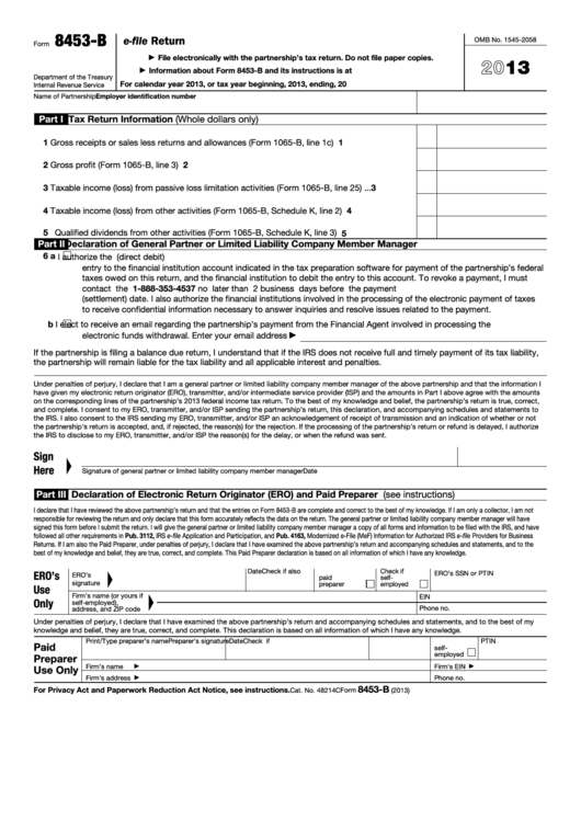 Fillable Form 8453-B - U.s. Electing Large Partnership Declaration For An Irs E-File Return - 2013 Printable pdf