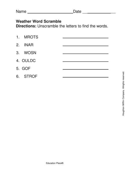 Weather Word Scramble Printable pdf