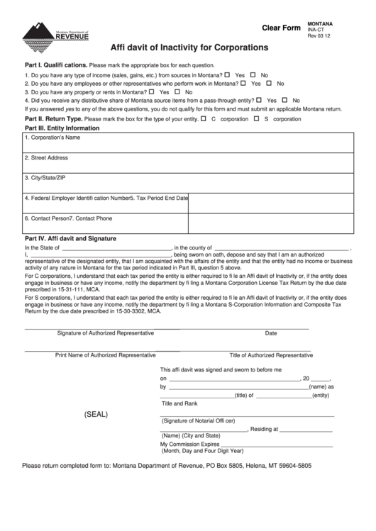 Fillable Form Ina-Ct - Affidavit Of Inactivity For Corporations Printable pdf