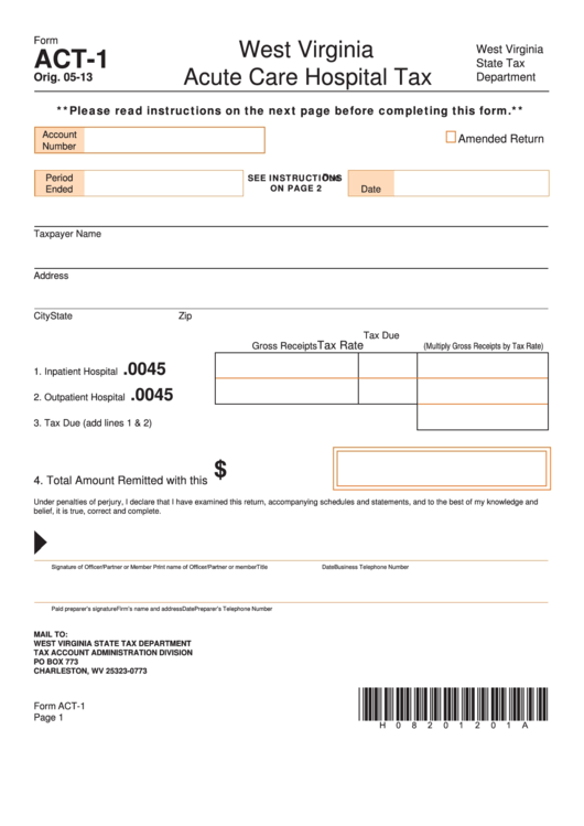 Fillable Form Act-1 - West Virginia Acute Care Hospital Tax Printable pdf