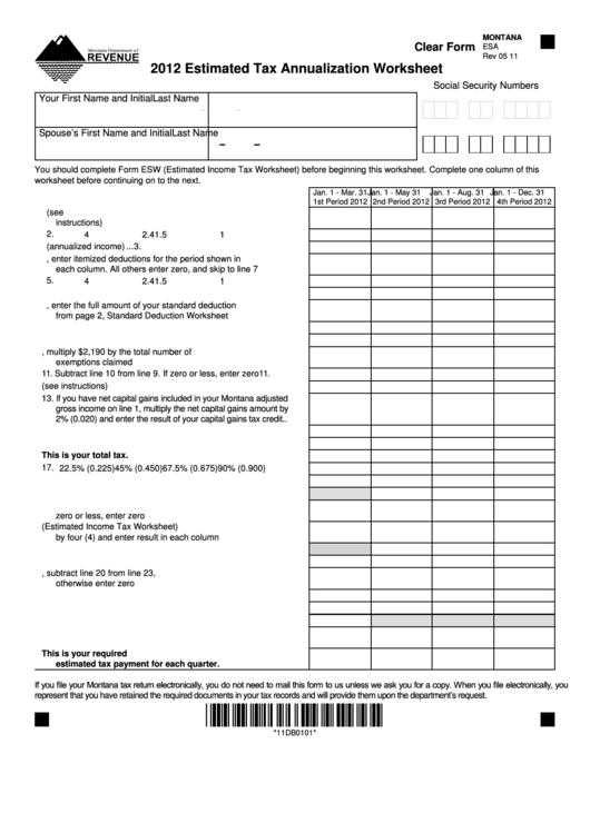 Fillable Form Esa - Estimated Tax Annualization Worksheet - 2012 Printable pdf