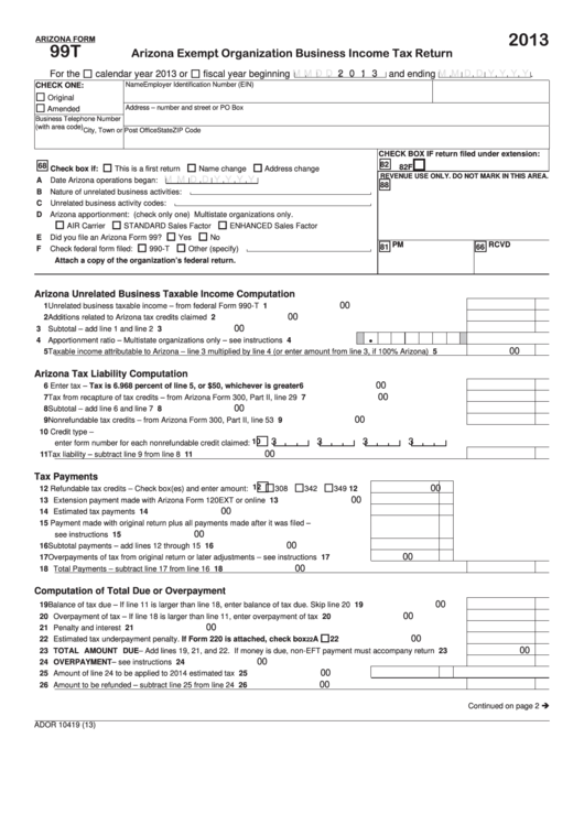 Fillable Form 99t - Arizona Exempt Organization Business Income Tax Return - 2013 Printable pdf
