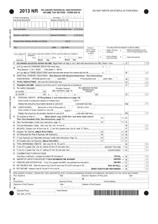 Fillable Form 200-02 - Delaware Individual Non-Resident Income Tax Return - 2013 Printable pdf