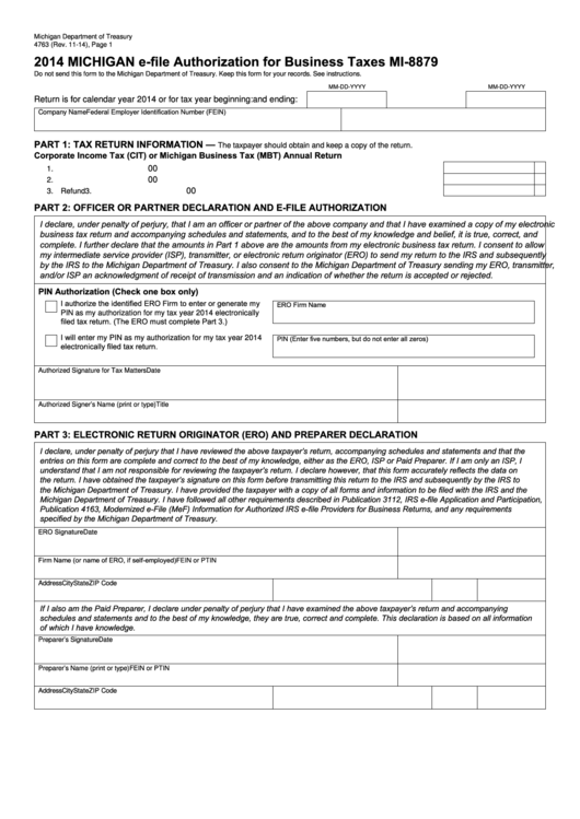 Form 4763 - Michigan E-File Authorization For Business Taxes Mi-8879 - 2014 Printable pdf