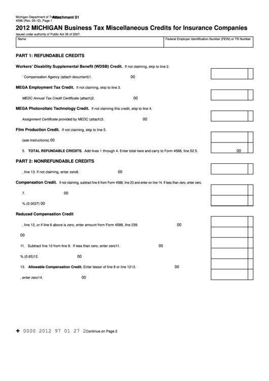 Form 4596 - Business Tax Miscellaneous Credits For Insurance Companies - 2012 Printable pdf