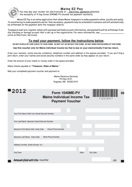 Form 1040me-Pv - Maine Individual Income Tax Payment Voucher - 2012 Printable pdf