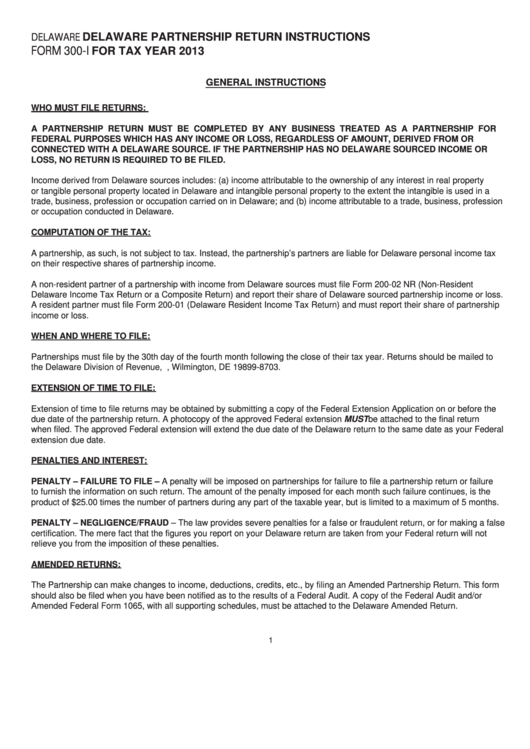 Instructions For Form 300-I - Delaware Partnership Return Instructions - 2013 Printable pdf
