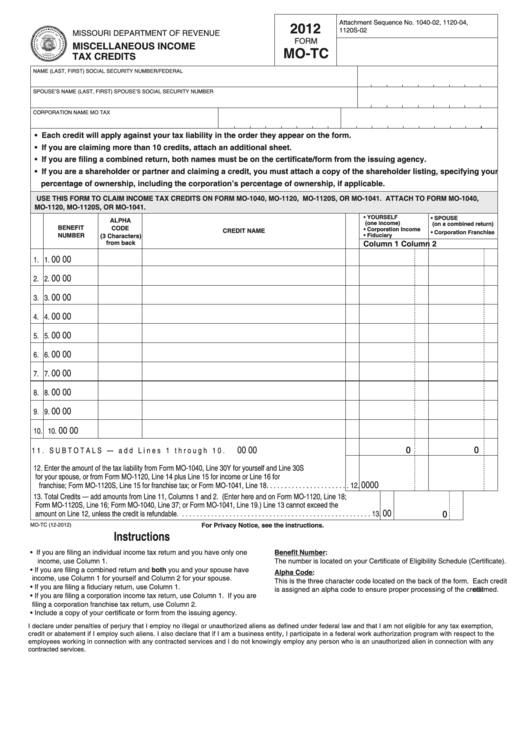 Fillable Form Mo-Tc - Miscellaneous Income Tax Credits - 2012 Printable pdf