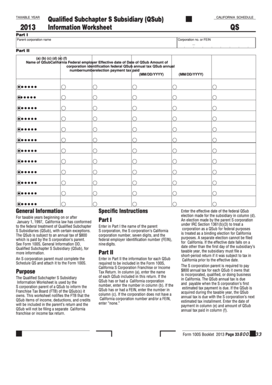 Schedule Qs - Qualified Subchapter S Subsidiary (Qsub) Information Worksheet - 2013 Printable pdf