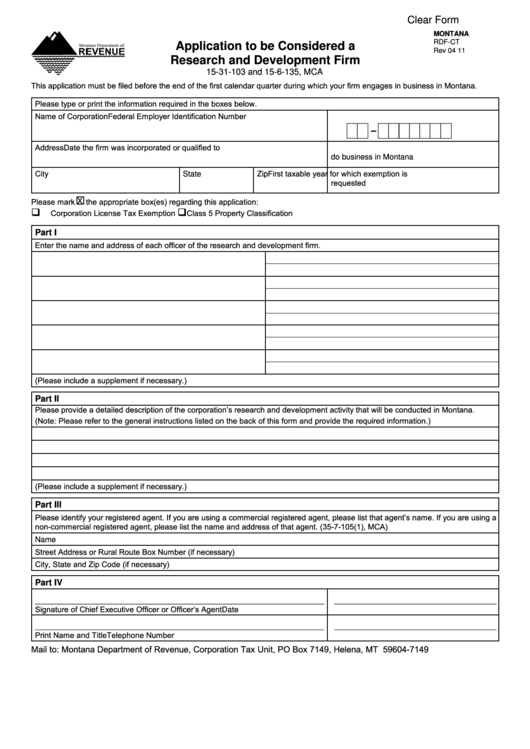 Fillable Form Rdf-Ct - Application To Be Considered A Rev 04 11 Research And Development Firm Printable pdf