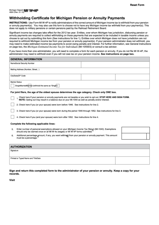 Fillable Form 4924 - Withholding Certificate For Michigan Pension Or Annuity Payments Printable pdf