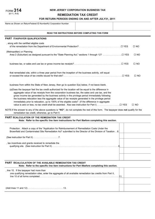Form 314 - Remediation Tax Credit - 2011 Printable pdf
