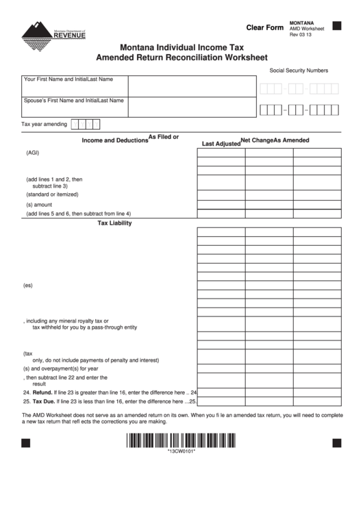 Fillable Amd Worksheet - Montana Individual Income Tax Amended Return Reconciliation Worksheet Printable pdf