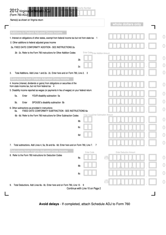 Fillable Virginia Schedule Adj (Form 760-Adj) - 2012 Printable pdf
