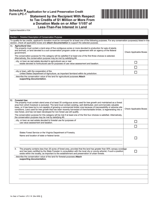 Fillable Form Lpc-1 - Schedule B - Application For A Land Preservation Credit - Statement By The Recipient With Respect To Tax Credits Of 1 Million Dollars Or More From A Donation Made On Or After 1/1/07 Of Less-Than-Fee Interest In Land Printable pdf