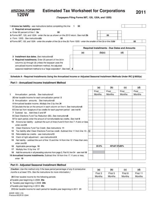 Fillable Arizona Form 120w - Estimated Tax Worksheet For Corporations - 2011 Printable pdf