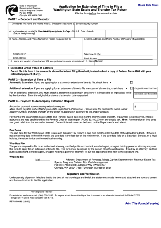 Fillable Application For Extension Of Time To File A Washington State Estate And Transfer Tax Return - State Of Washington Printable pdf