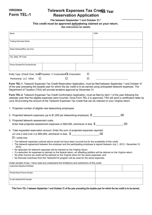 Fillable Virginia Form Tel-1 - Telework Expenses Tax Credit Reservation Application Printable pdf