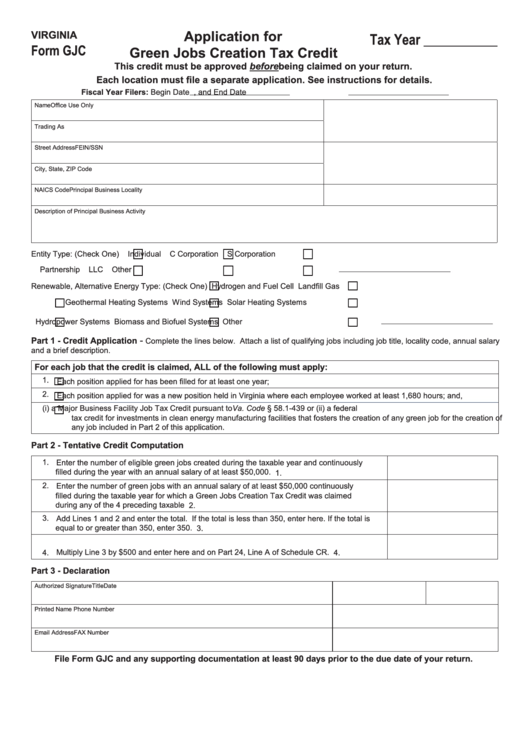 Fillable Virginia Form Gjc - Application For Green Jobs Creation Tax Credit Printable pdf