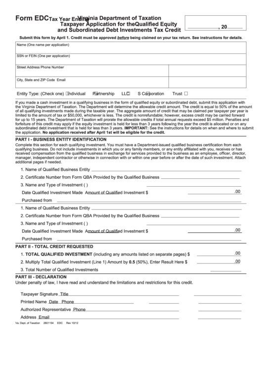 Fillable Form Edc - Taxpayer Application For The Qualified Equity And Subordinated Debt Investments Tax Credit Printable pdf