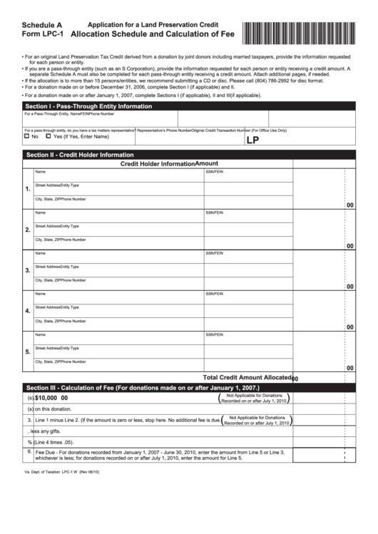Fillable Form Lpc-1 - Schedule A - Application For A Land Preservation Credit Allocation Schedule And Calculation Of Fee Printable pdf