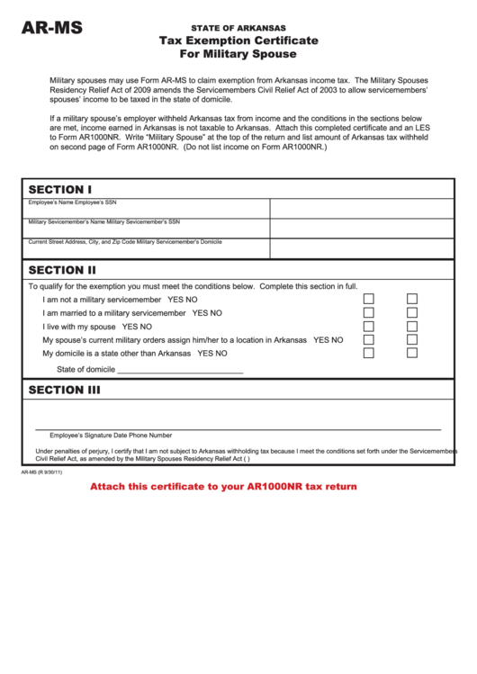 Form Ar-Ms - Tax Exemption Certificate For Military Spouse Printable pdf