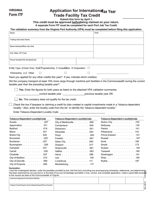 Fillable Virginia Form Itf - Application For International Trade Facility Tax Credit Printable pdf