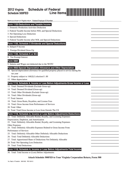 Fillable Virginia Schedule 500fed - Schedule Of Federal Line Items - 2012 Printable pdf