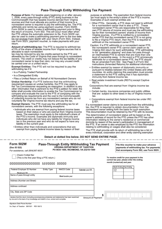 Fillable Form 502w - Pass-Through Entity Withholding Tax Payment Printable pdf