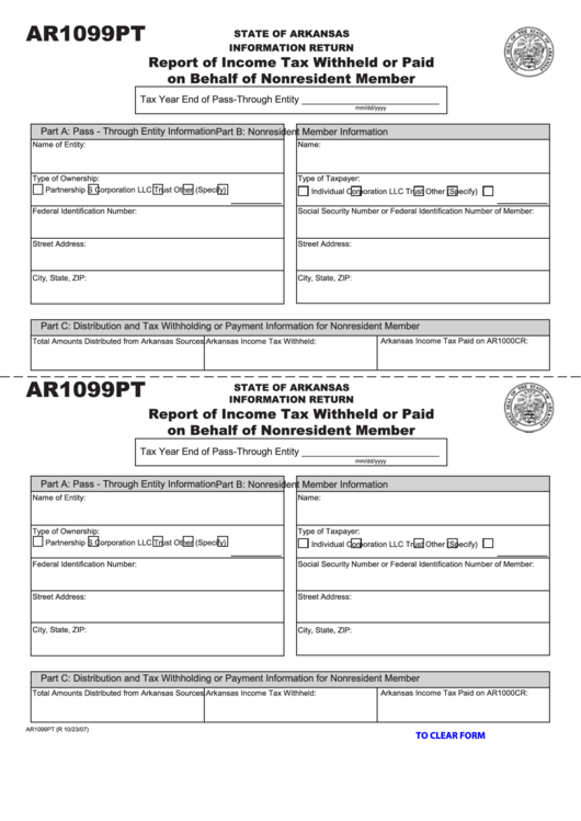 Fillable Form Ar1099pt - Report Of Income Tax Withheld Or Paid On Behalf Of Nonresident Member Printable pdf