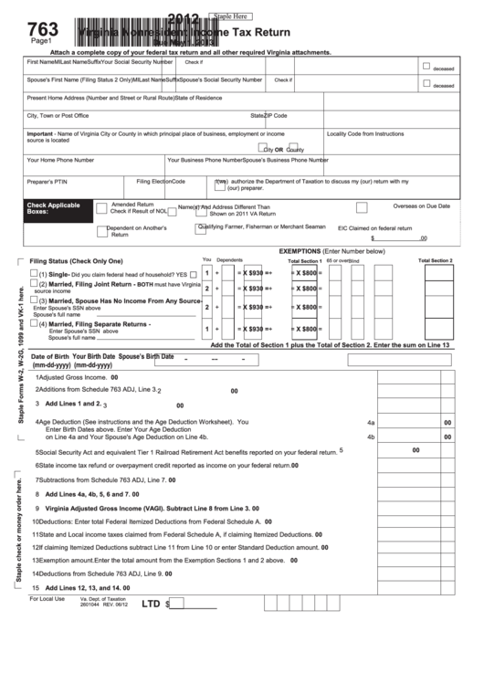 Fillable Form 763 - Virginia Nonresident Income Tax Return - 2012 Printable pdf