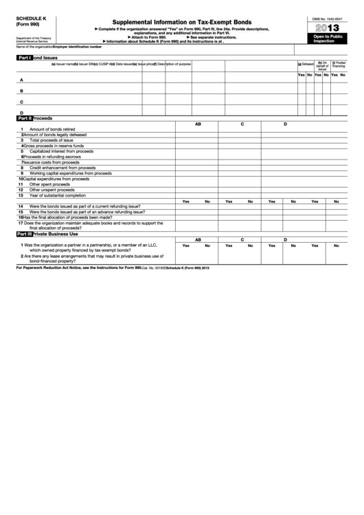 Fillable Schedule K (Form 990) - Supplemental Information On Tax-Exempt Bonds - 2013 Printable pdf