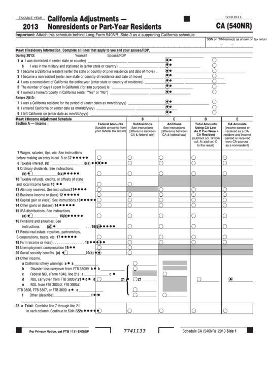 Fillable Schedule Ca (Form 540nr) - California Adjustments - Nonresidents Or Part-Year Residents - 2013 Printable pdf
