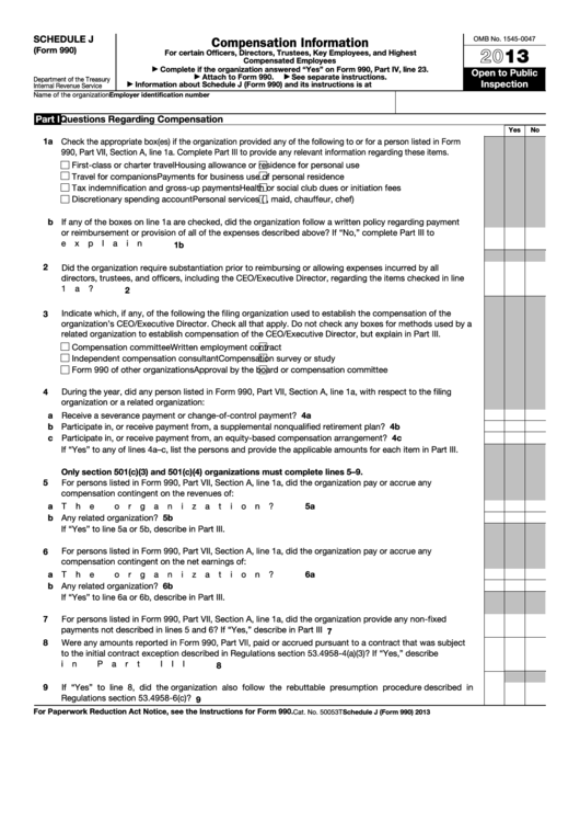 Fillable Schedule J (Form 990) - Compensation Information - 2013 Printable pdf