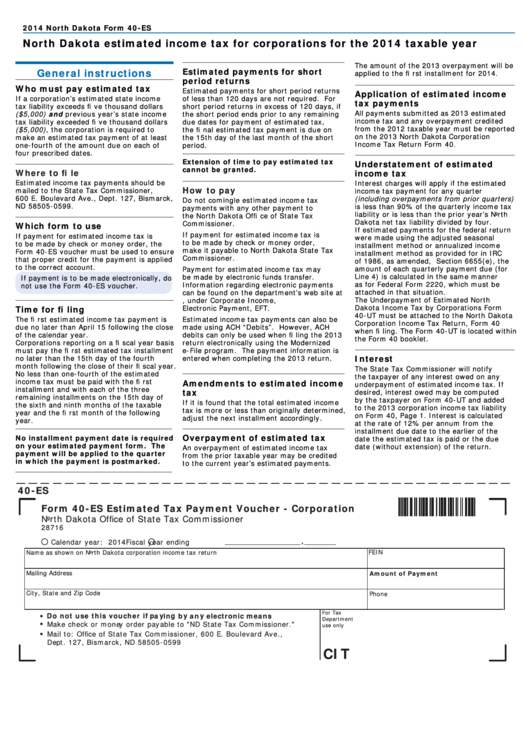 Fillable Form 40-Es - Estimated Tax Payment Voucher - Corporation - 2014 Printable pdf