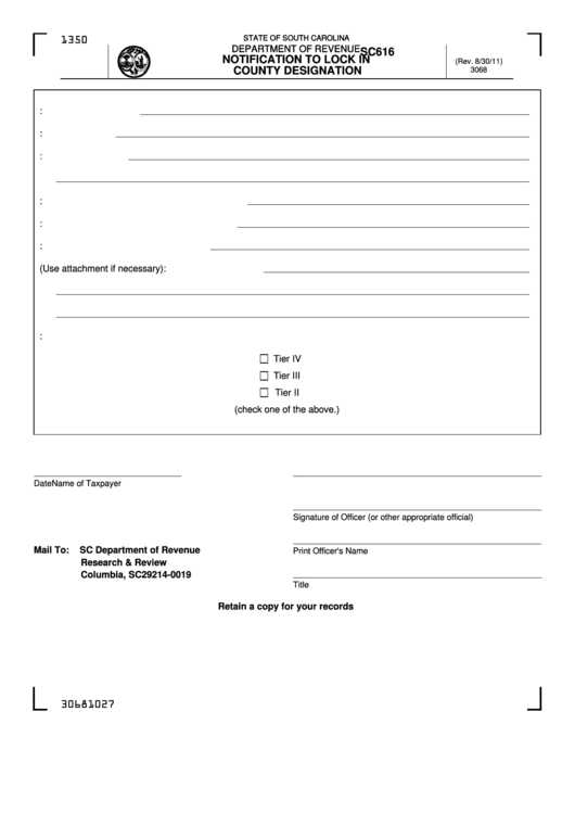 Form Sc616 - Notification To Lock In County Designation Printable pdf