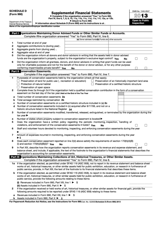Fillable Schedule D (Form 990) - Supplemental Financial Statements - 2013 Printable pdf