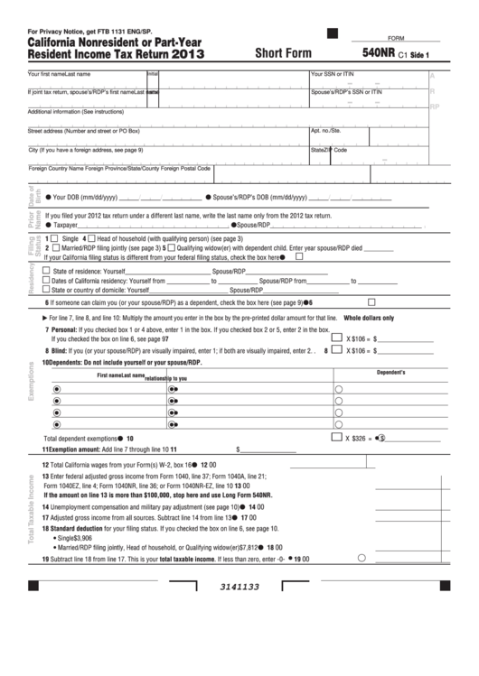 Fillable Short Form 540nr - California Nonresident Or Part-Year Resident Income Tax Return - 2013 Printable pdf