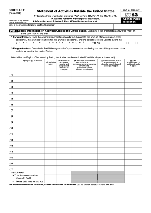 Fillable Schedule F (Form 990) - Statement Of Activities Outside The United States - 2013 Printable pdf