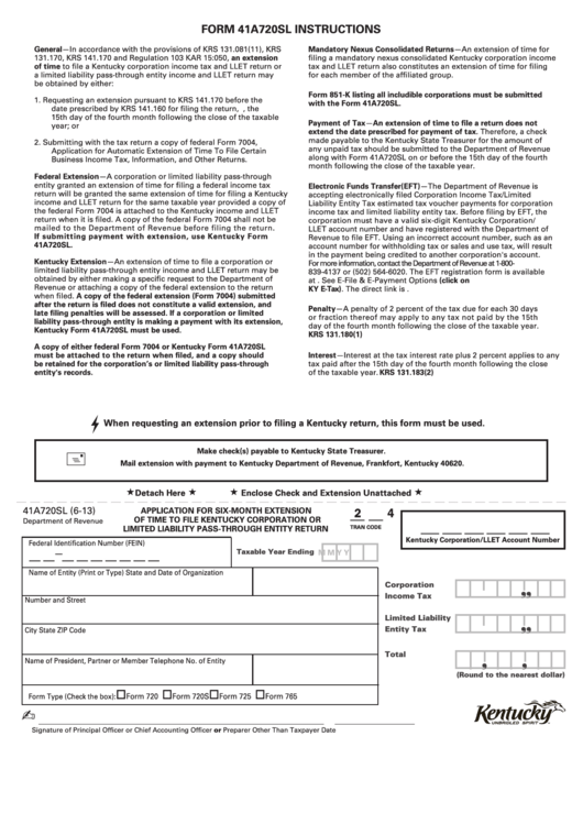 Form 41a720sl - Application For Six-Month Extension Of Time To File Kentucky Corporation Or Limited Liability Pass-Through Entity Return Printable pdf